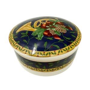 Mikasa Holiday Music Box trinket dish & lid French horn Christmas holly pinecone